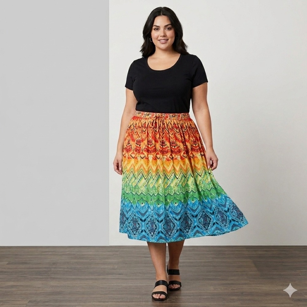 Liz & Me Rainbow Ombre‎ Cotton Midi Skirt Plus Size 4X 30/32W Boho Eclectic Folk